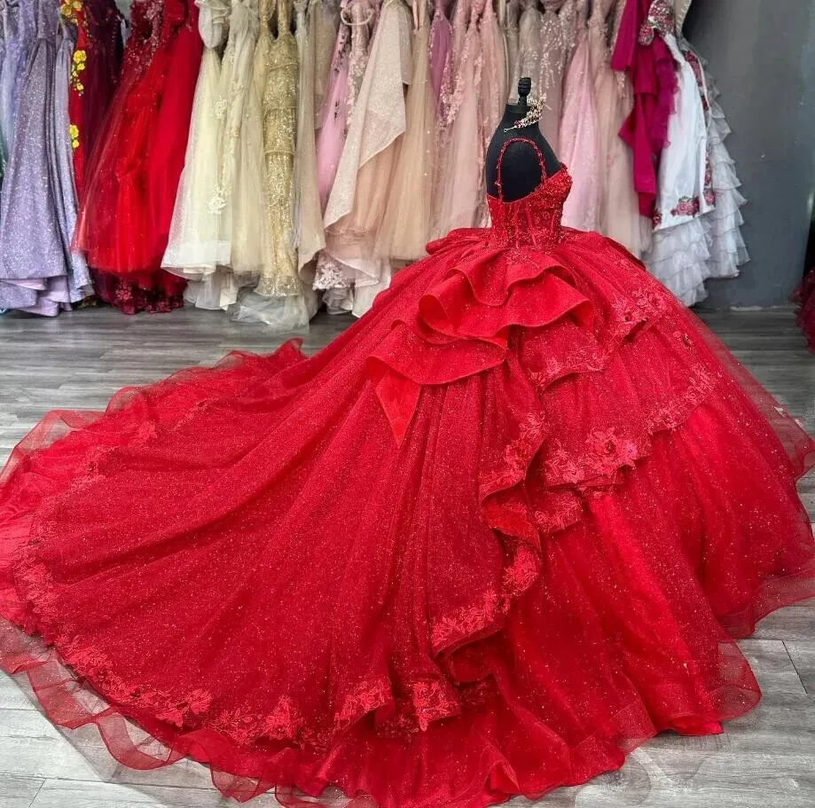 Red Sparkly Princess Quinceanera Dresses Floral Applique Boning Corset