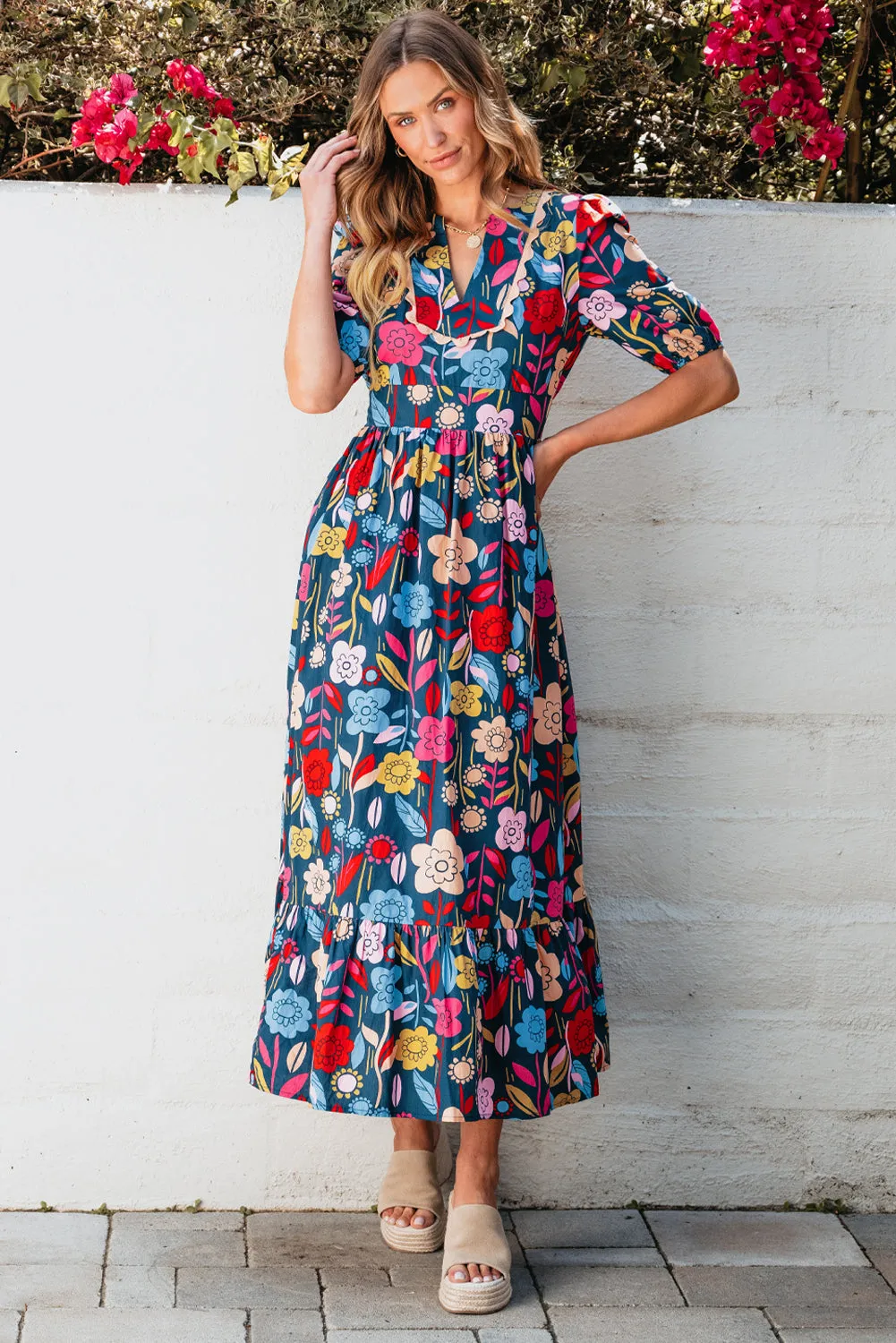 Retro Floral Split Neck Maxi Dress