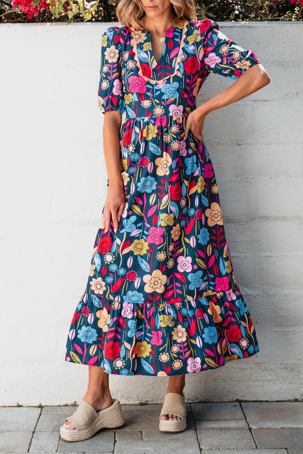 Retro Floral Split Neck Maxi Dress