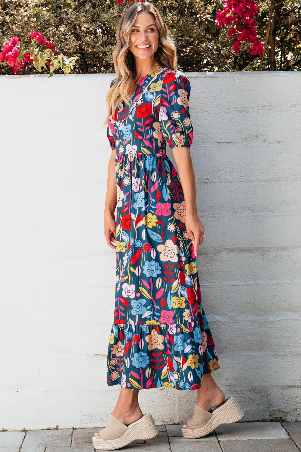 Retro Floral Split Neck Maxi Dress