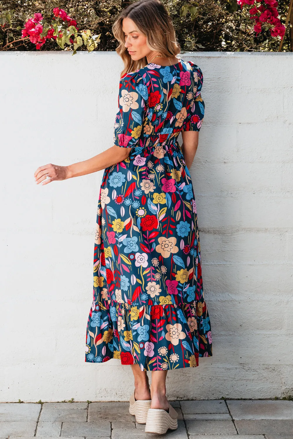 Retro Floral Split Neck Maxi Dress