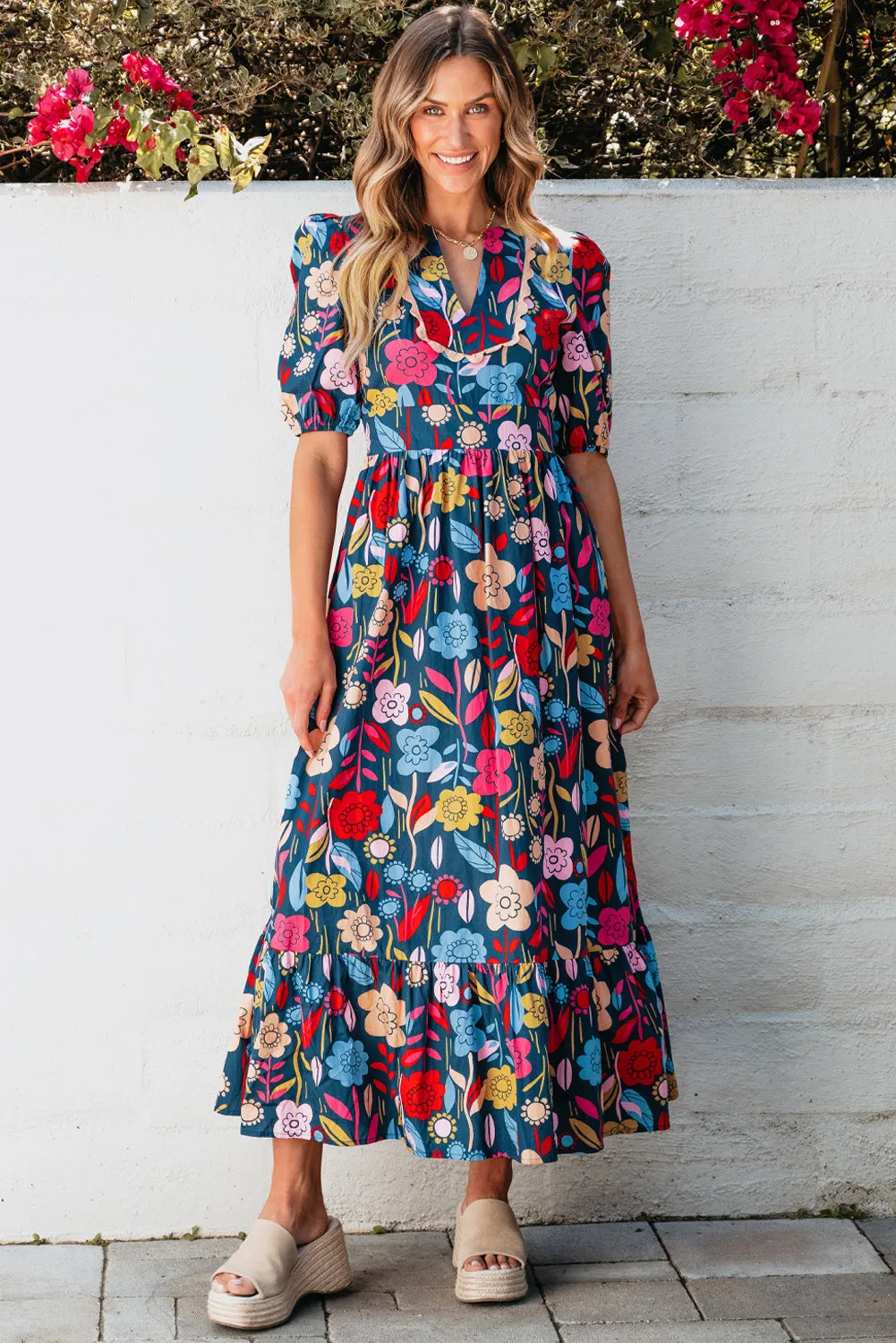 Retro Floral Split Neck Maxi Dress