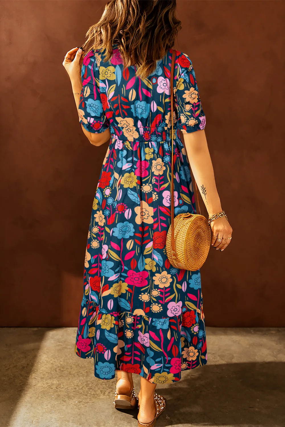 Retro Floral Split Neck Maxi Dress