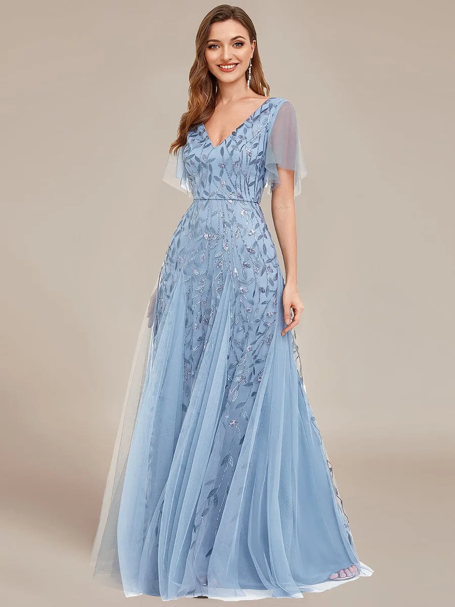 Romantic Shimmery V Neck Ruffle Sleeves Maxi Long Mother of the Bride Dress