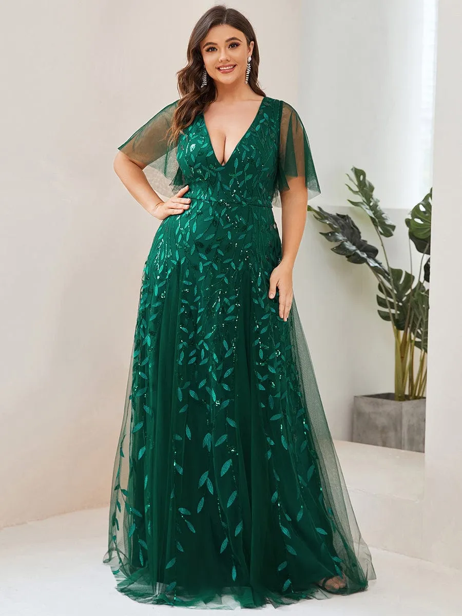 Romantic Shimmery V Neck Ruffle Sleeves Maxi Long Mother of the Bride Dress