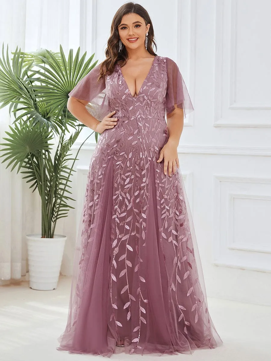 Romantic Shimmery V Neck Ruffle Sleeves Maxi Long Mother of the Bride Dress