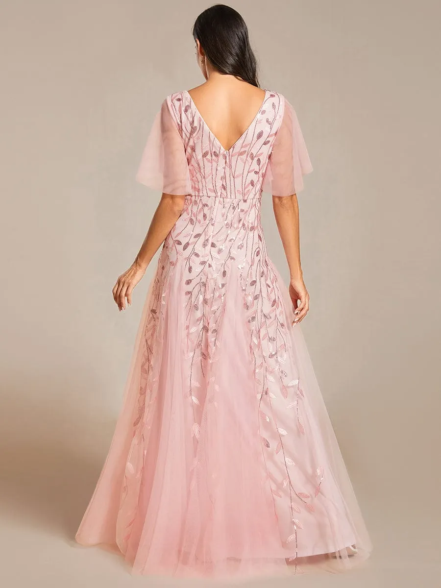 Romantic Shimmery V Neck Ruffle Sleeves Maxi Long Mother of the Bride Dress