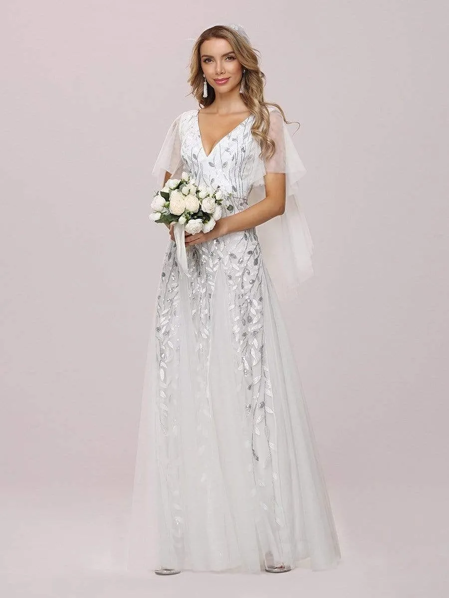 Romantic Shimmery V Neck Ruffle Sleeves Maxi Long Mother of the Bride Dress