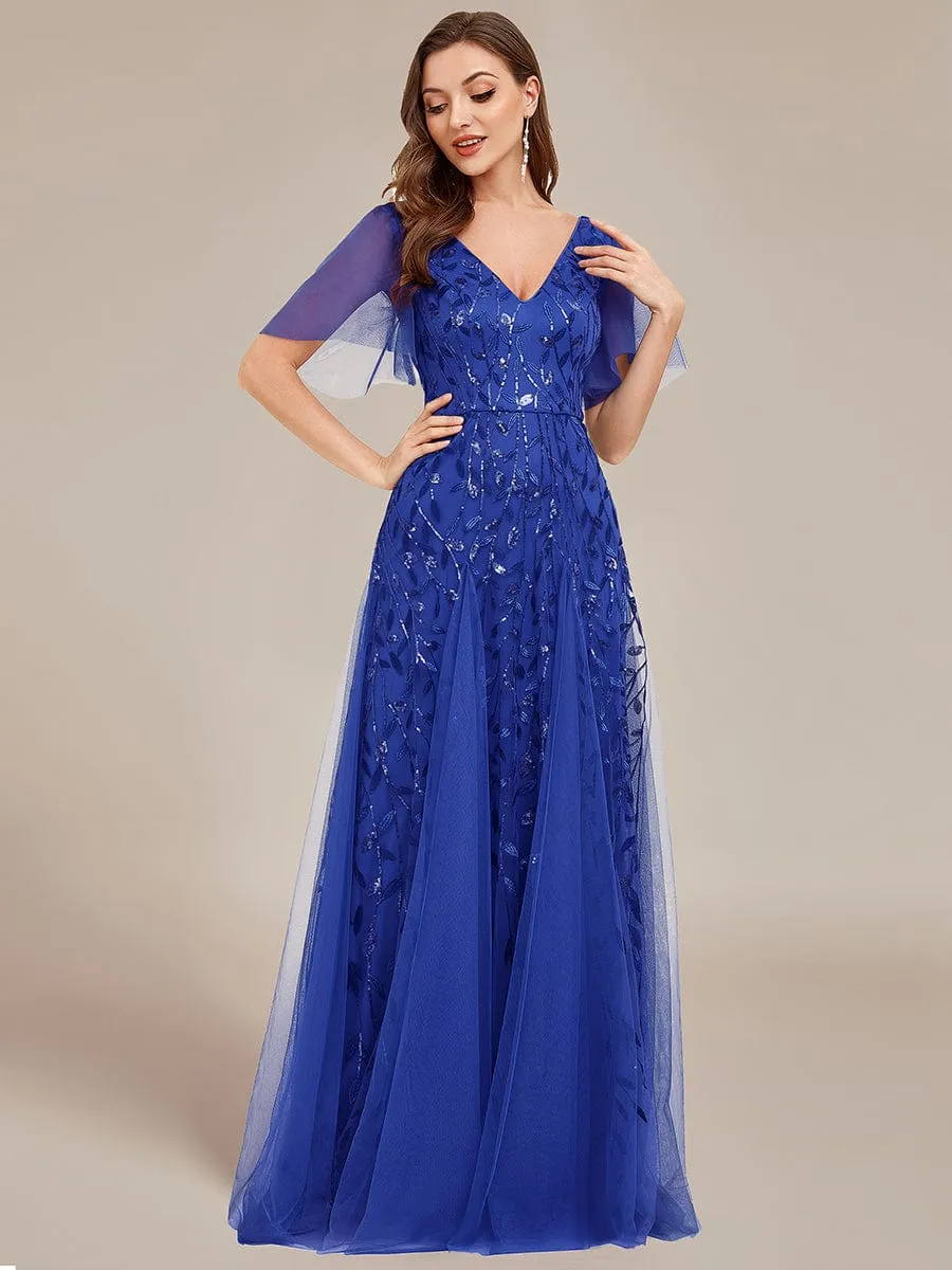 Romantic Shimmery V Neck Ruffle Sleeves Maxi Long Mother of the Bride Dress