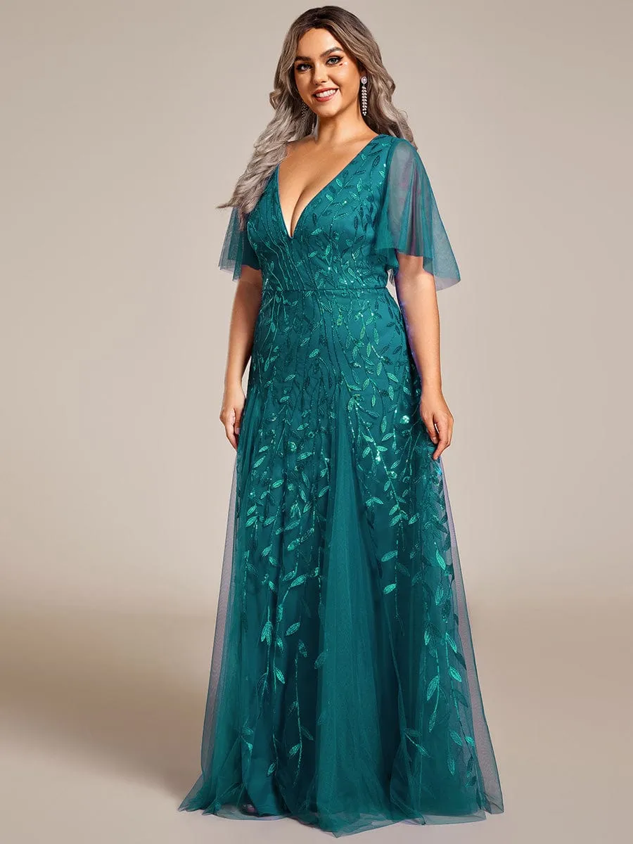 Romantic Shimmery V Neck Ruffle Sleeves Maxi Long Mother of the Bride Dress