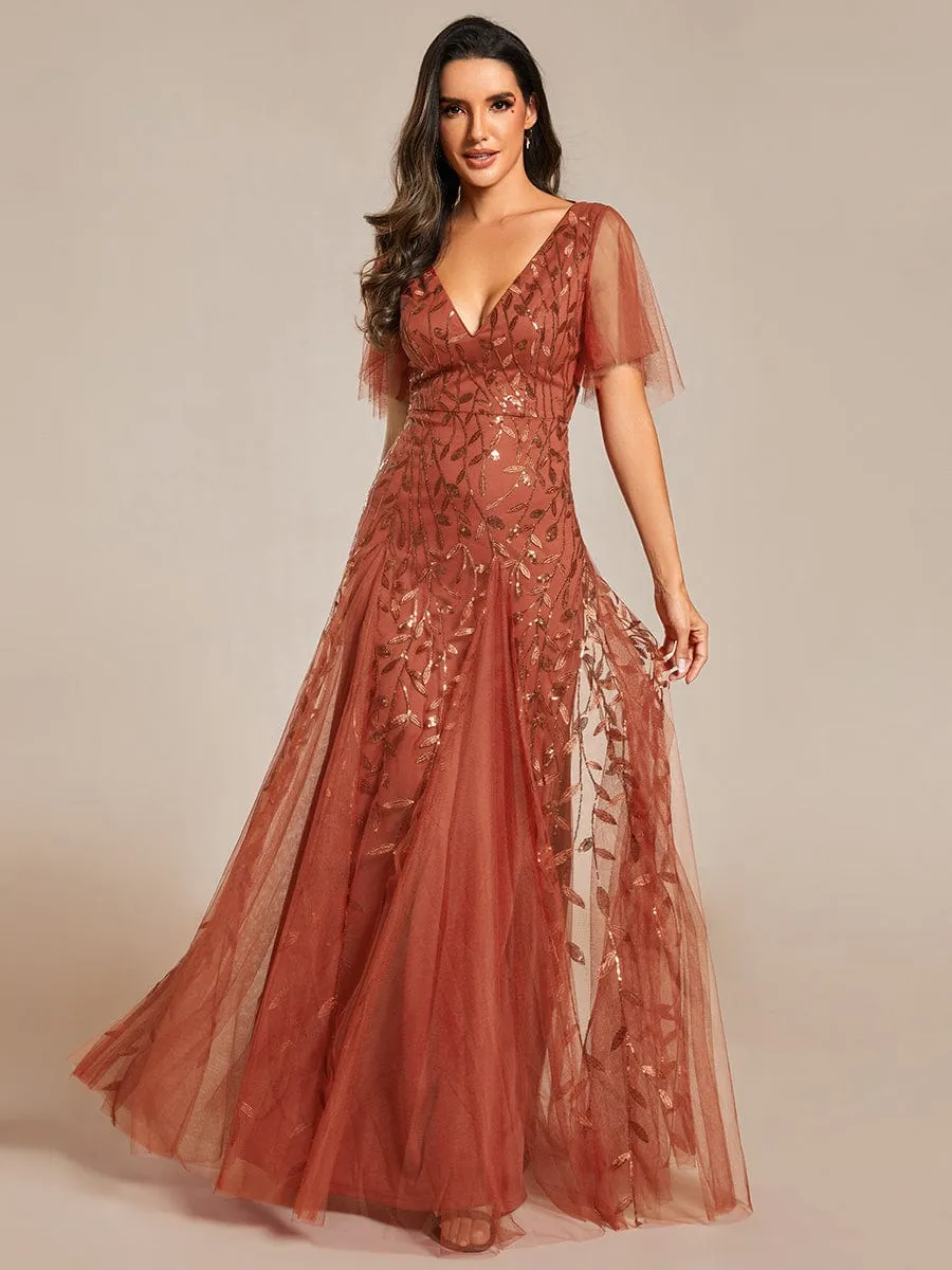 Romantic Shimmery V Neck Ruffle Sleeves Maxi Long Mother of the Bride Dress