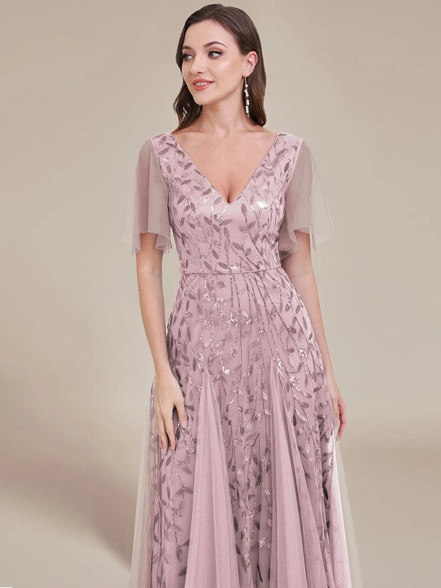 Romantic Shimmery V Neck Ruffle Sleeves Maxi Long Mother of the Bride Dress