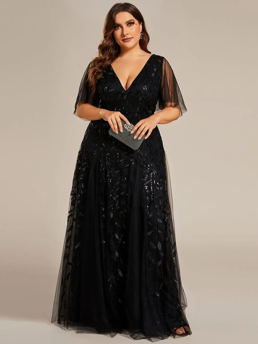 Romantic Shimmery V Neck Ruffle Sleeves Maxi Long Mother of the Bride Dress