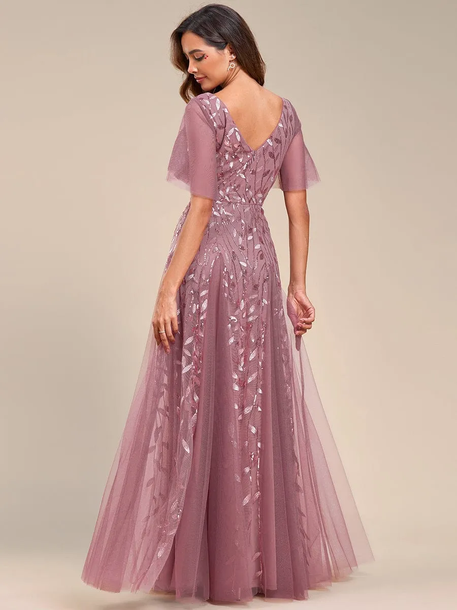 Romantic Shimmery V Neck Ruffle Sleeves Maxi Long Mother of the Bride Dress