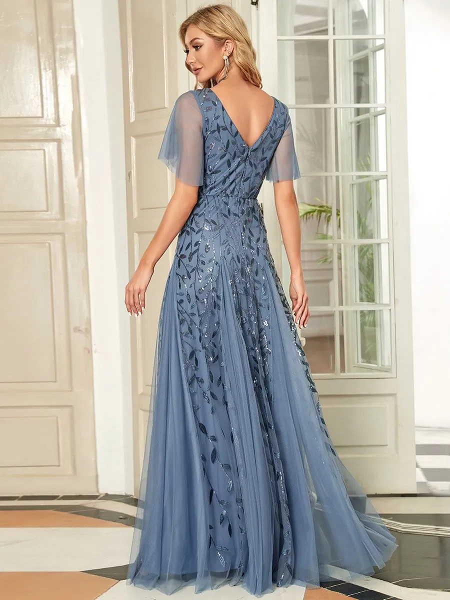 Romantic Shimmery V Neck Ruffle Sleeves Maxi Long Mother of the Bride Dress