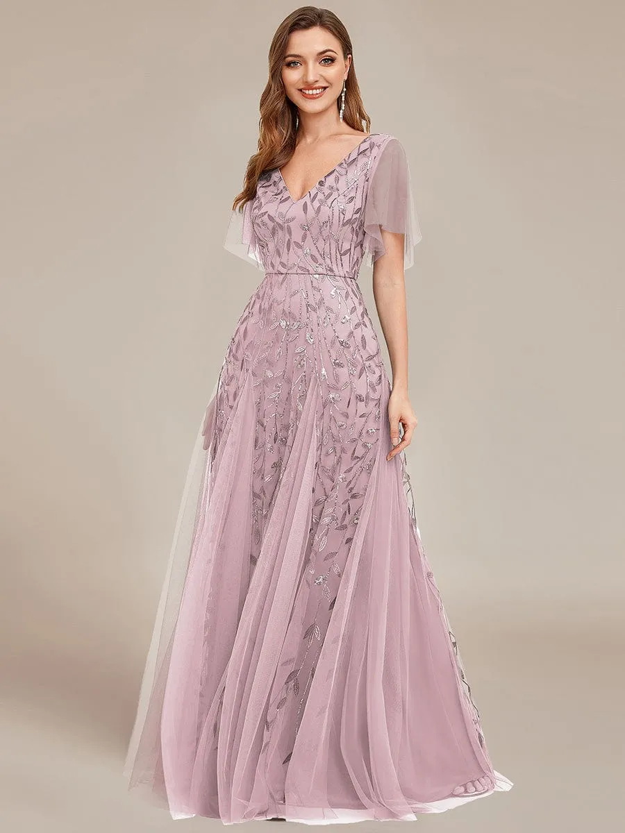 Romantic Shimmery V Neck Ruffle Sleeves Maxi Long Mother of the Bride Dress