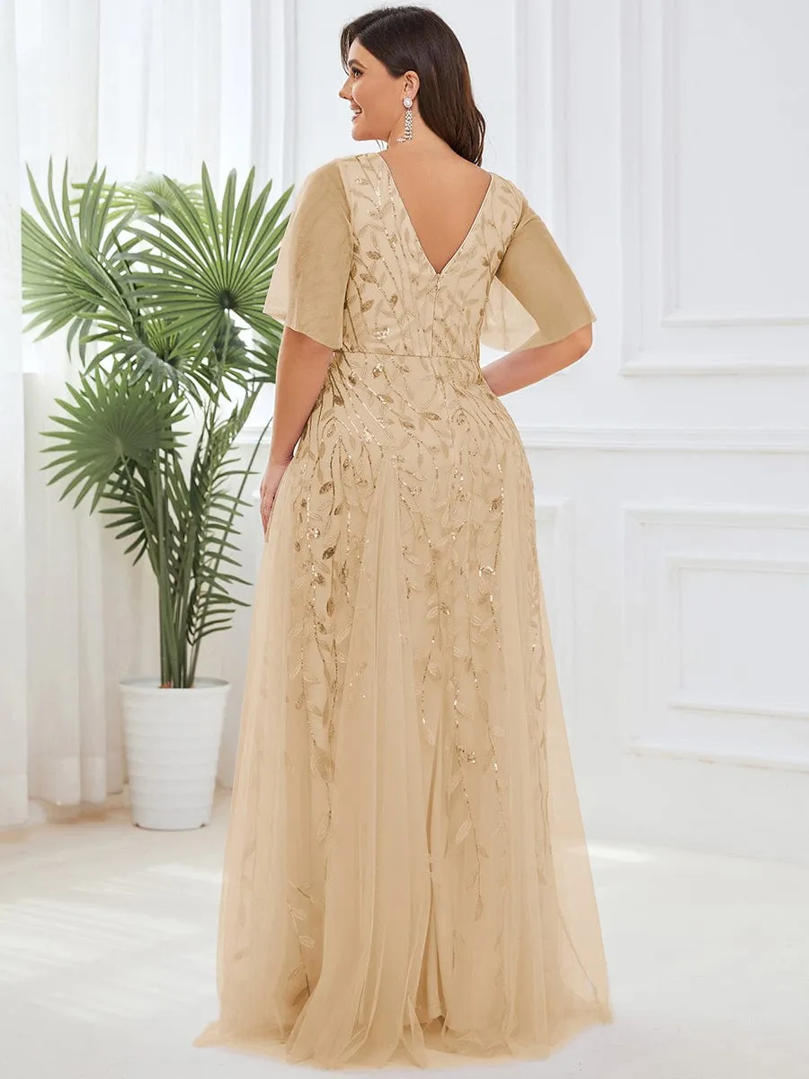 Romantic Shimmery V Neck Ruffle Sleeves Maxi Long Mother of the Bride Dress