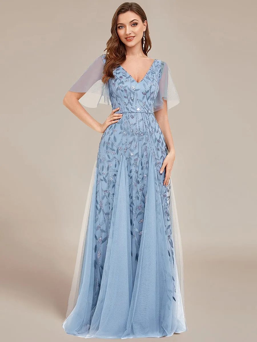 Romantic Shimmery V Neck Ruffle Sleeves Maxi Long Mother of the Bride Dress