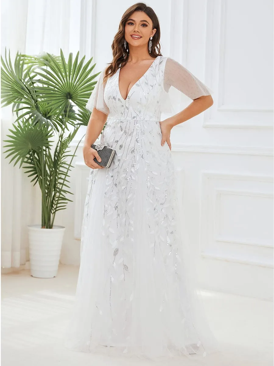 Romantic Shimmery V Neck Ruffle Sleeves Maxi Long Mother of the Bride Dress