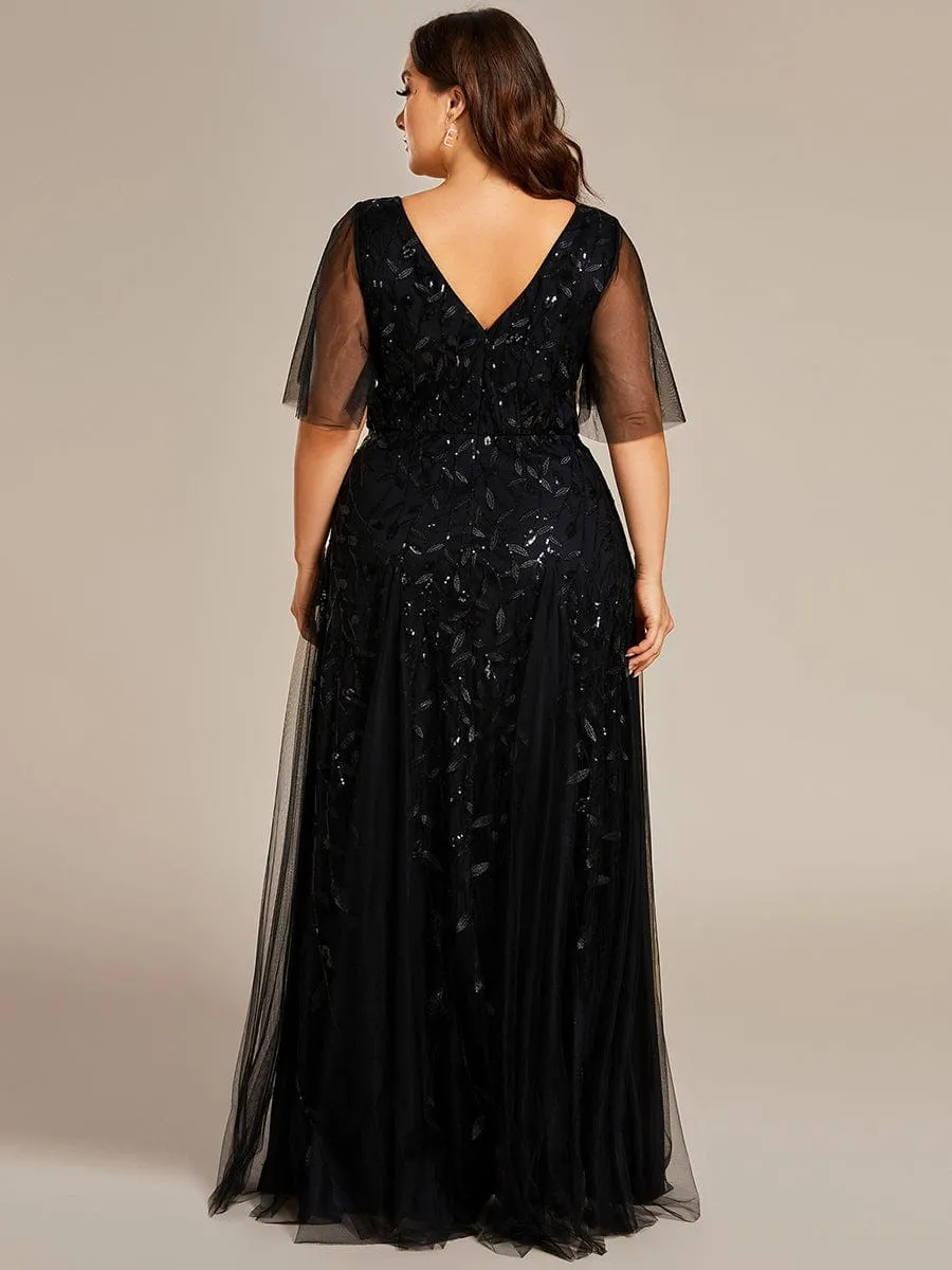 Romantic Shimmery V Neck Ruffle Sleeves Maxi Long Mother of the Bride Dress