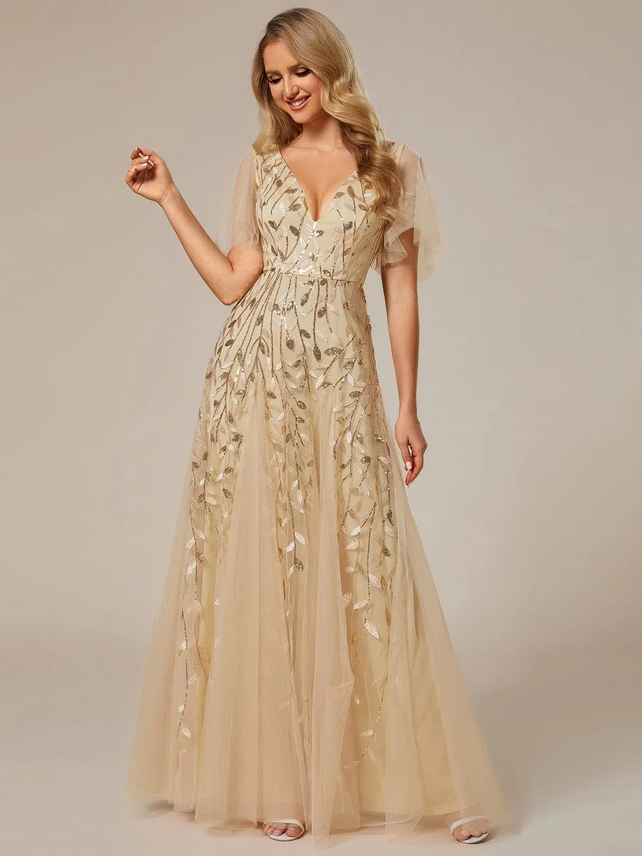 Romantic Shimmery V Neck Ruffle Sleeves Maxi Long Mother of the Bride Dress