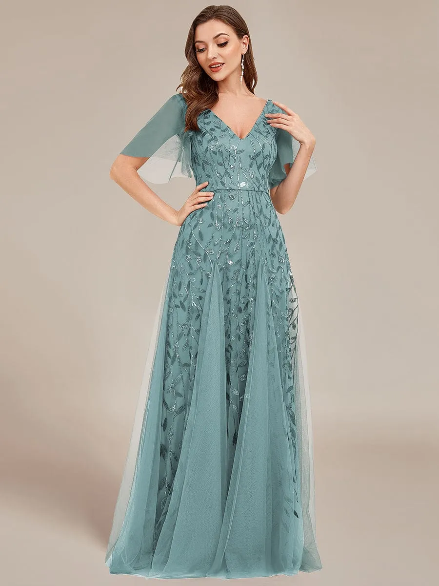 Romantic Shimmery V Neck Ruffle Sleeves Maxi Long Mother of the Bride Dress