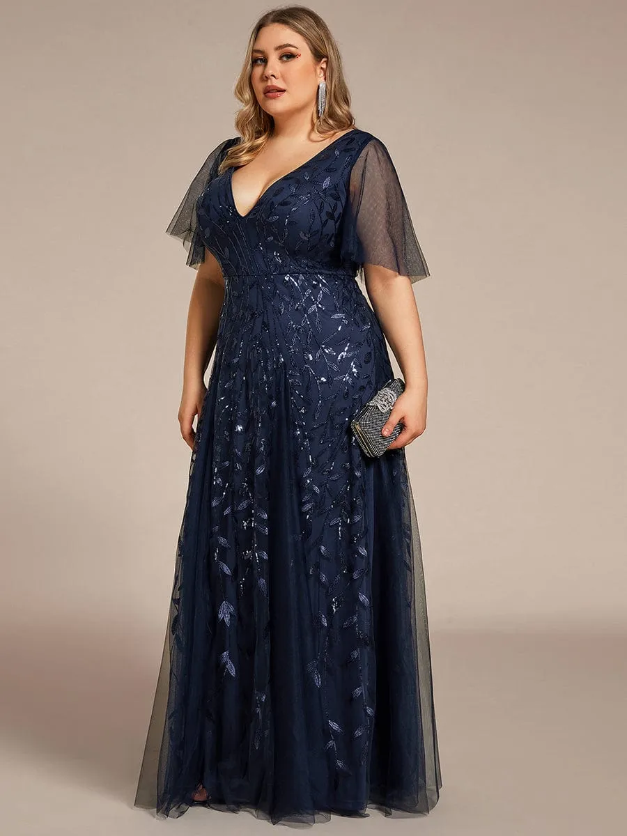 Romantic Shimmery V Neck Ruffle Sleeves Maxi Long Mother of the Bride Dress