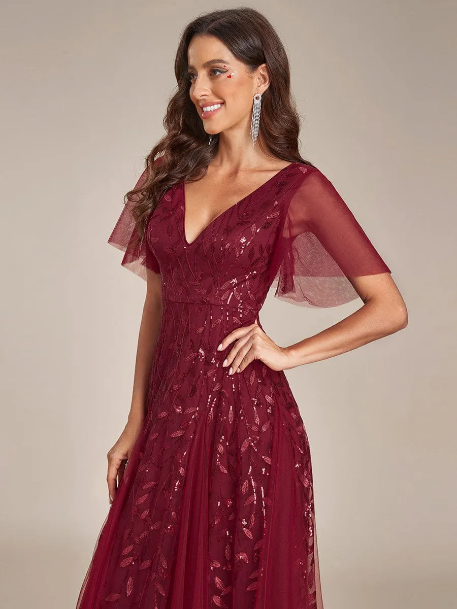 Romantic Shimmery V Neck Ruffle Sleeves Maxi Long Mother of the Bride Dress