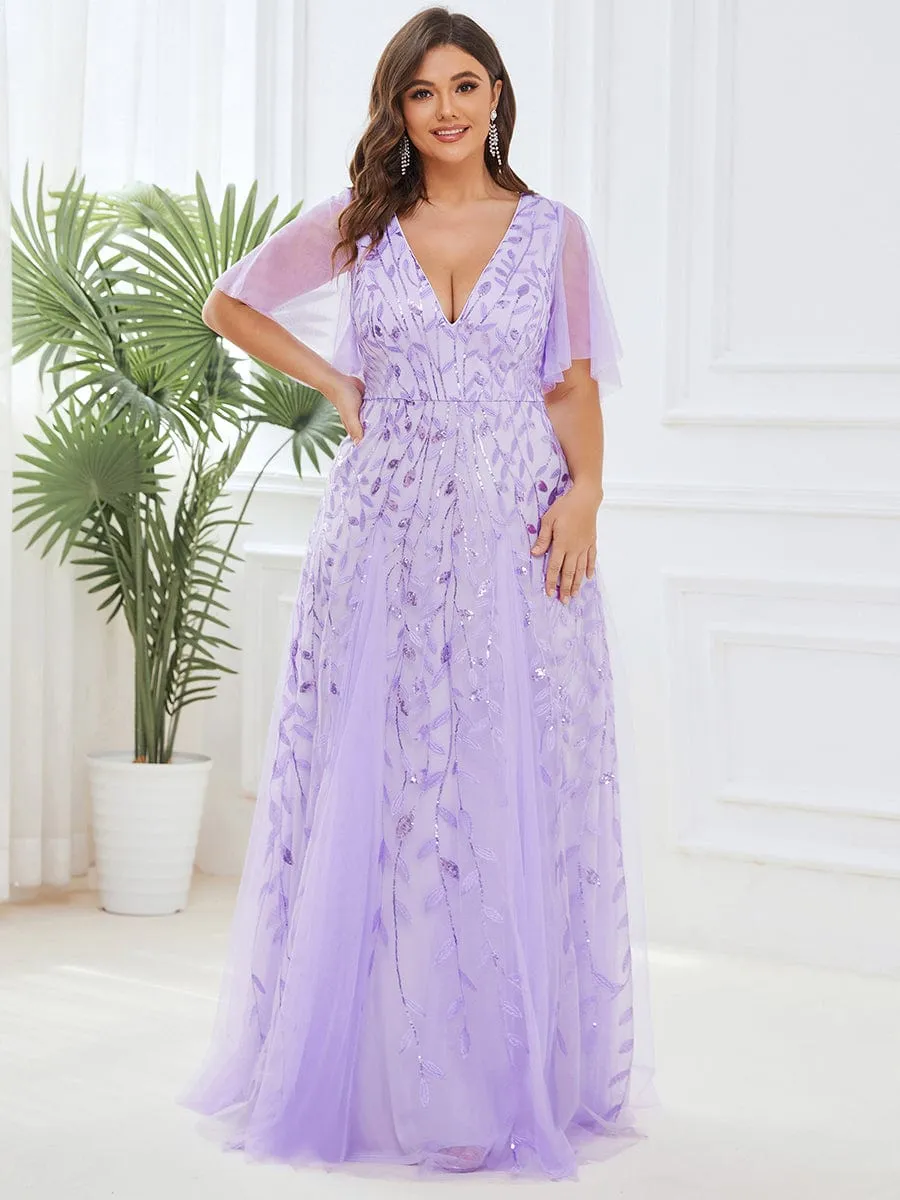 Romantic Shimmery V Neck Ruffle Sleeves Maxi Long Mother of the Bride Dress