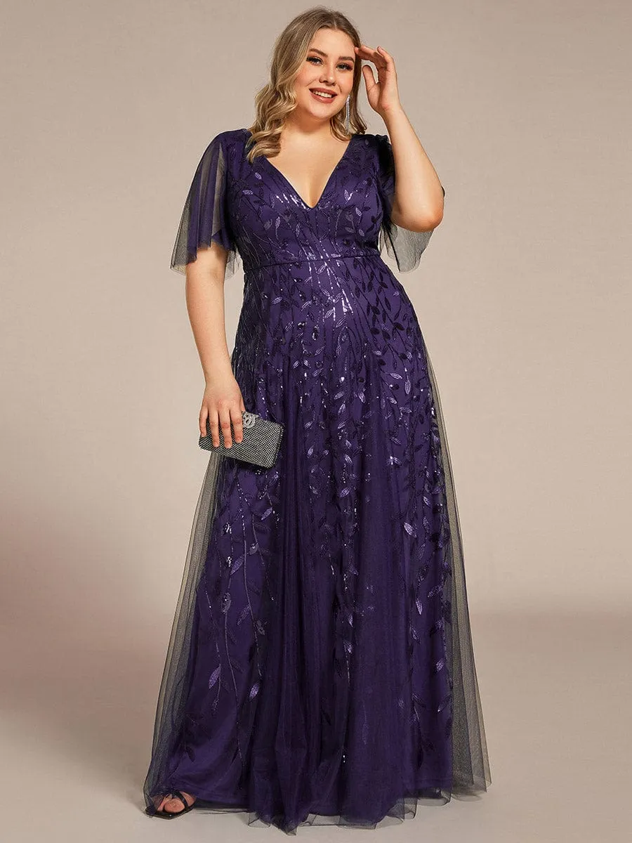 Romantic Shimmery V Neck Ruffle Sleeves Maxi Long Mother of the Bride Dress