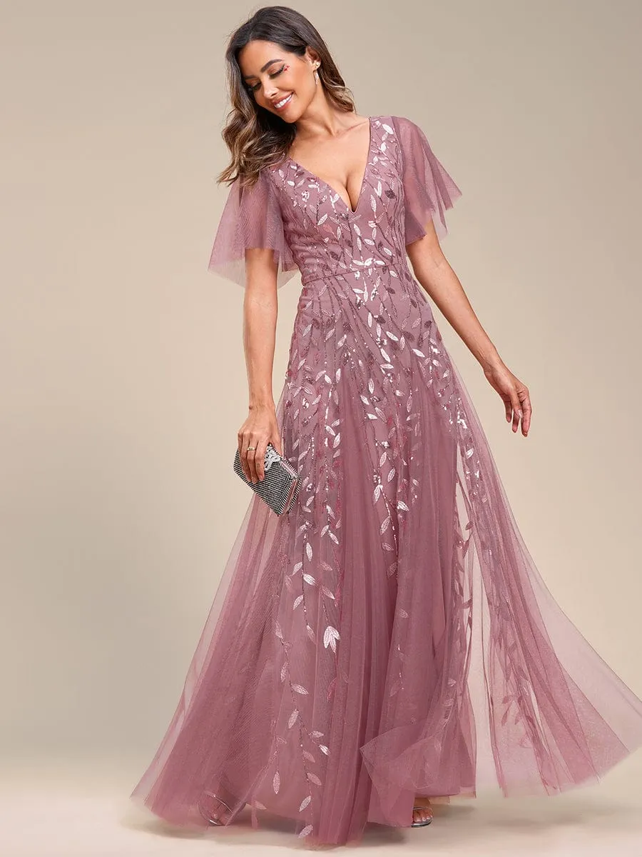 Romantic Shimmery V Neck Ruffle Sleeves Maxi Long Mother of the Bride Dress