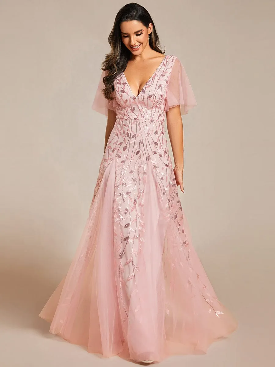 Romantic Shimmery V Neck Ruffle Sleeves Maxi Long Mother of the Bride Dress