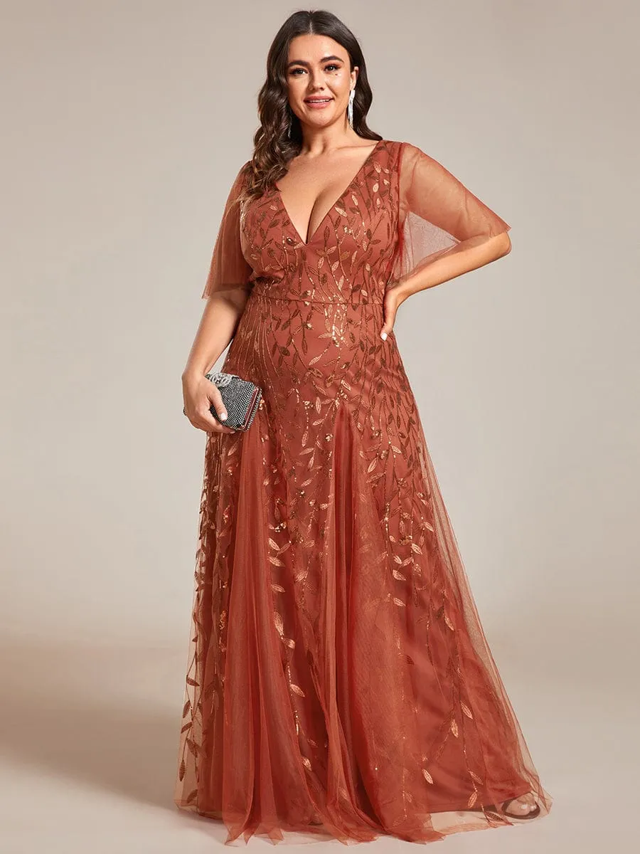 Romantic Shimmery V Neck Ruffle Sleeves Maxi Long Mother of the Bride Dress