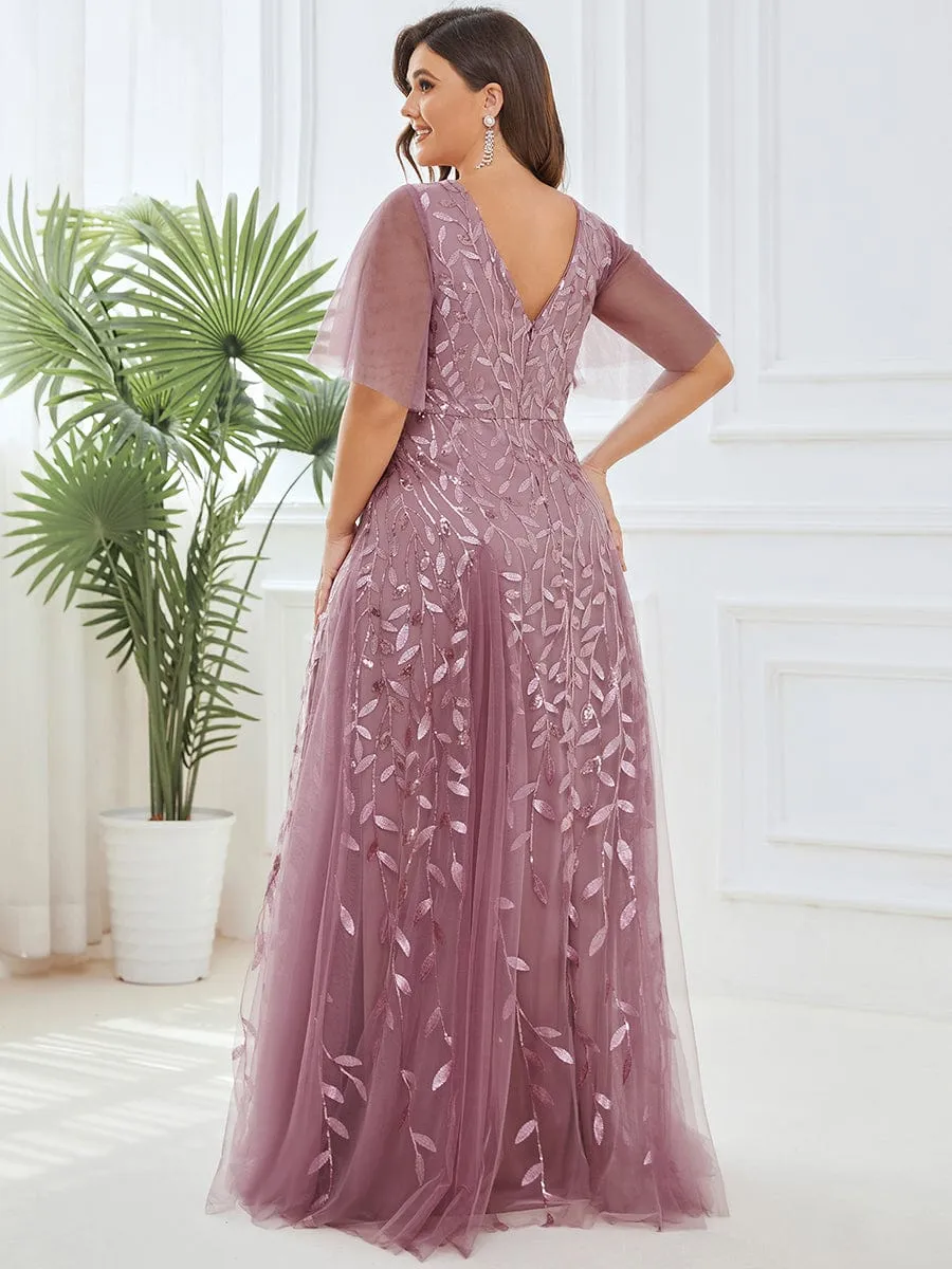 Romantic Shimmery V Neck Ruffle Sleeves Maxi Long Mother of the Bride Dress