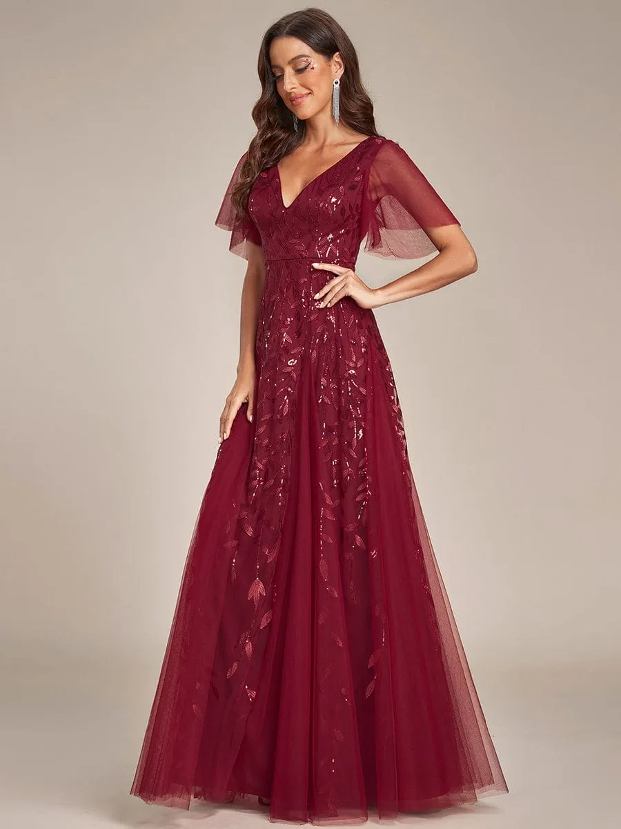 Romantic Shimmery V Neck Ruffle Sleeves Maxi Long Mother of the Bride Dress