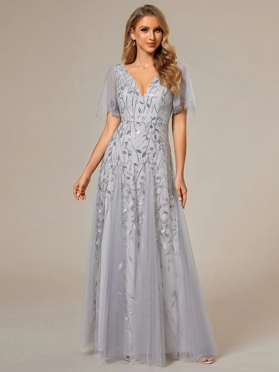 Romantic Shimmery V Neck Ruffle Sleeves Maxi Long Mother of the Bride Dress