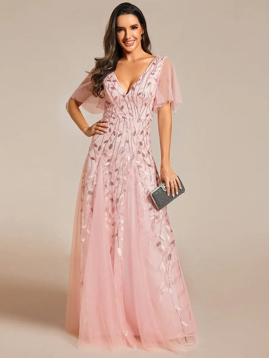 Romantic Shimmery V Neck Ruffle Sleeves Maxi Long Mother of the Bride Dress