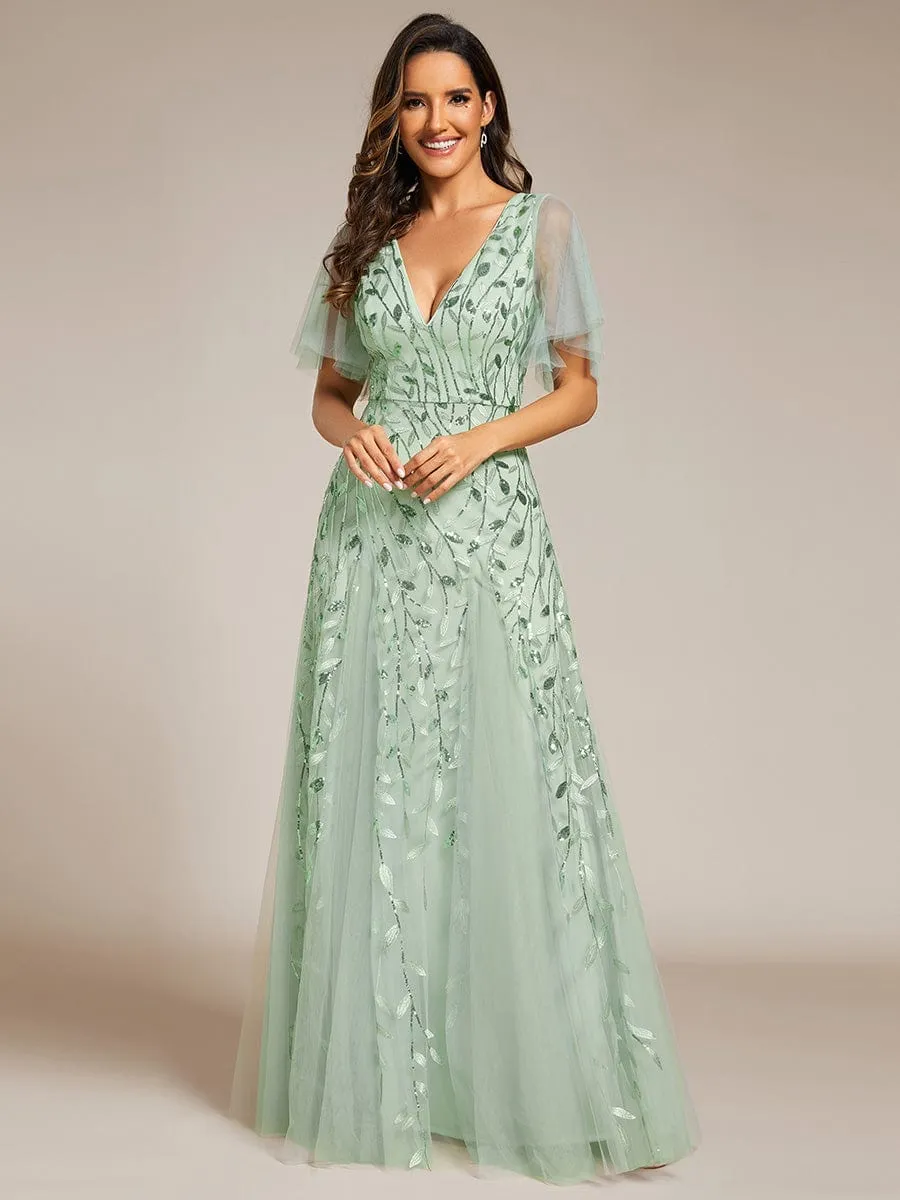 Romantic Shimmery V Neck Ruffle Sleeves Maxi Long Mother of the Bride Dress