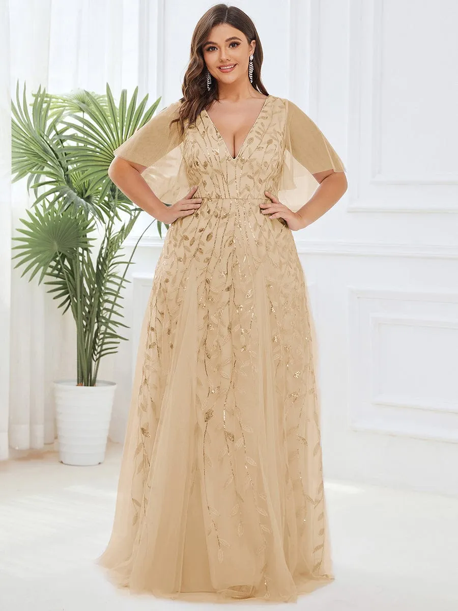 Romantic Shimmery V Neck Ruffle Sleeves Maxi Long Mother of the Bride Dress