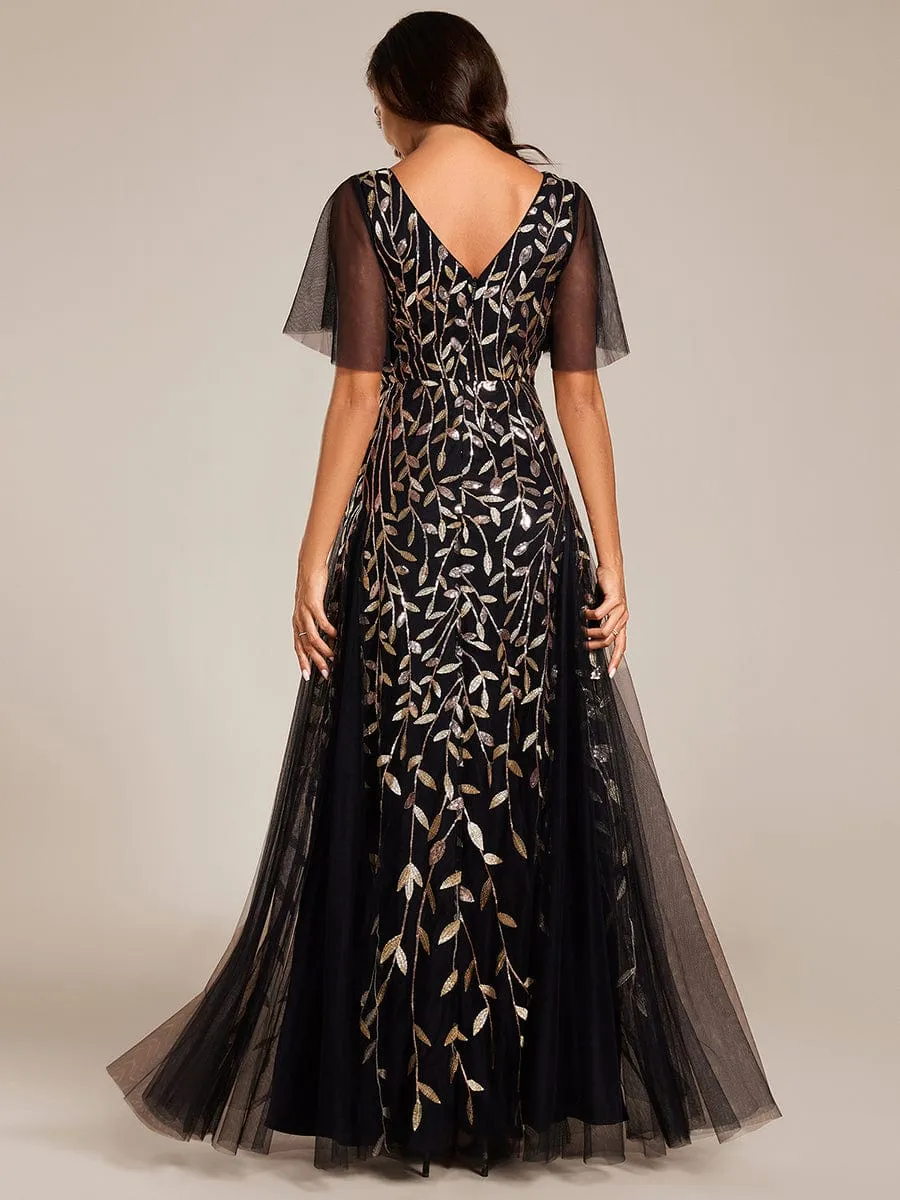 Romantic Shimmery V Neck Ruffle Sleeves Maxi Long Mother of the Bride Dress