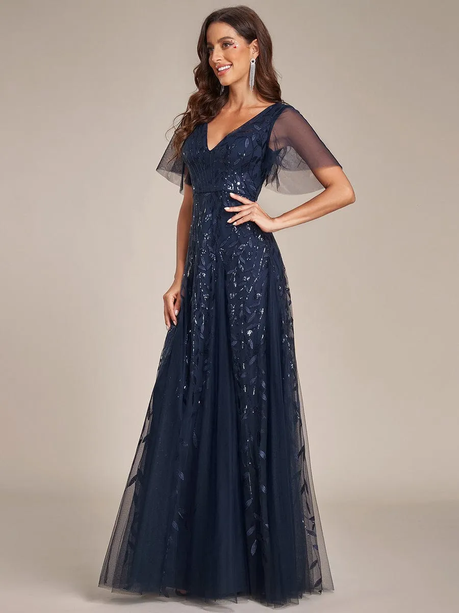 Romantic Shimmery V Neck Ruffle Sleeves Maxi Long Mother of the Bride Dress