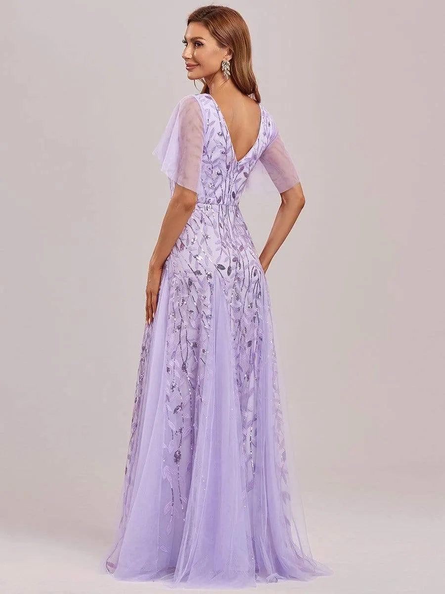 Romantic Shimmery V Neck Ruffle Sleeves Maxi Long Mother of the Bride Dress