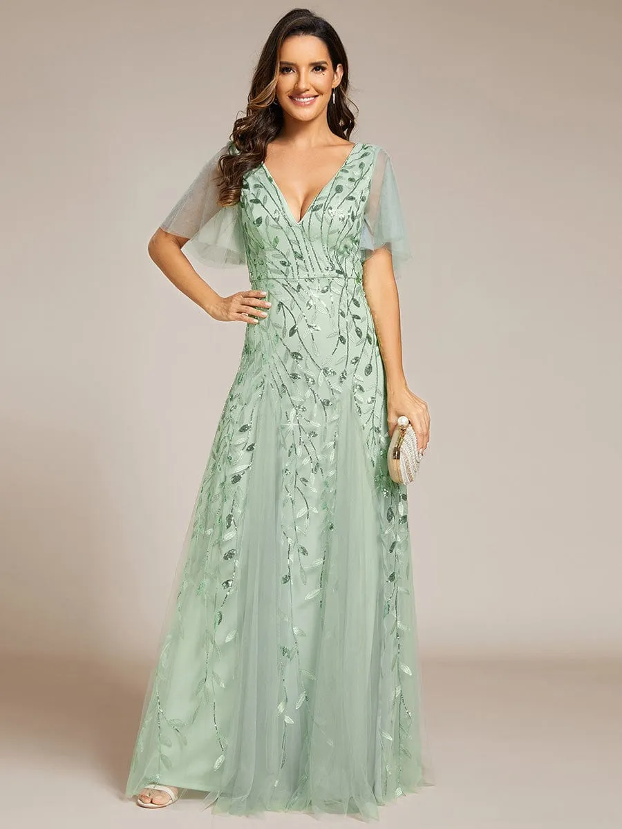 Romantic Shimmery V Neck Ruffle Sleeves Maxi Long Mother of the Bride Dress