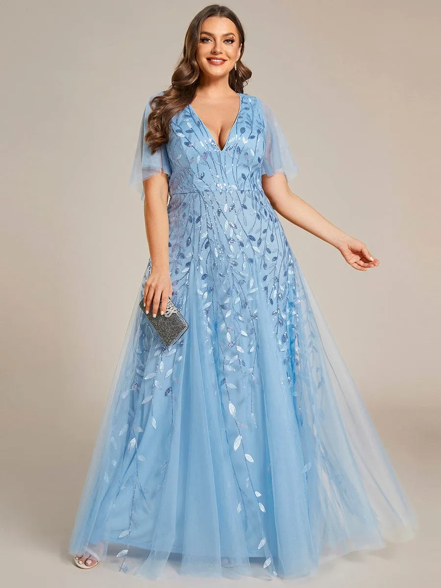 Romantic Shimmery V Neck Ruffle Sleeves Maxi Long Mother of the Bride Dress