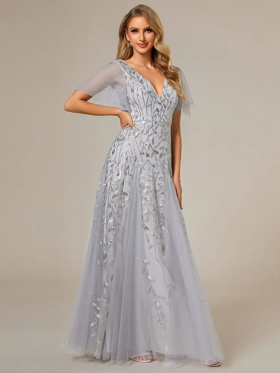 Romantic Shimmery V Neck Ruffle Sleeves Maxi Long Mother of the Bride Dress