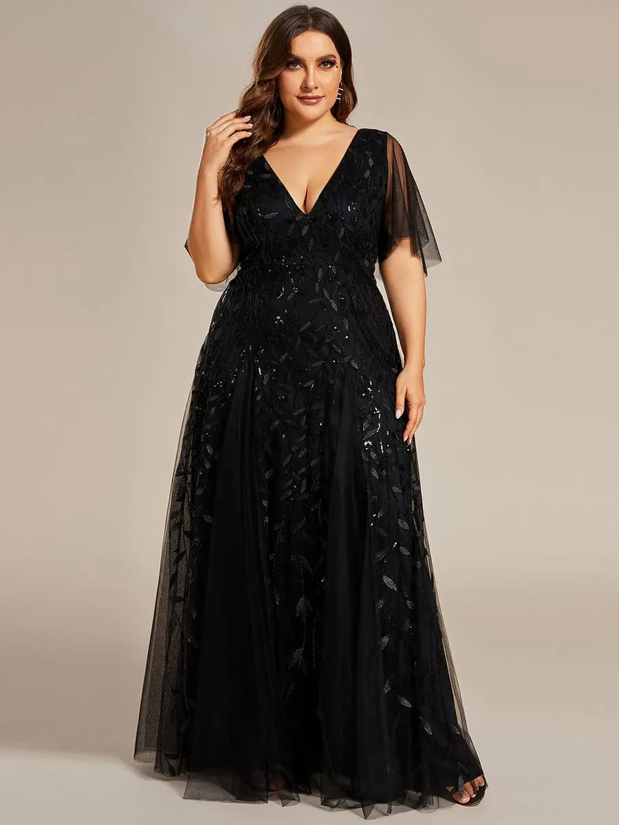 Romantic Shimmery V Neck Ruffle Sleeves Maxi Long Mother of the Bride Dress