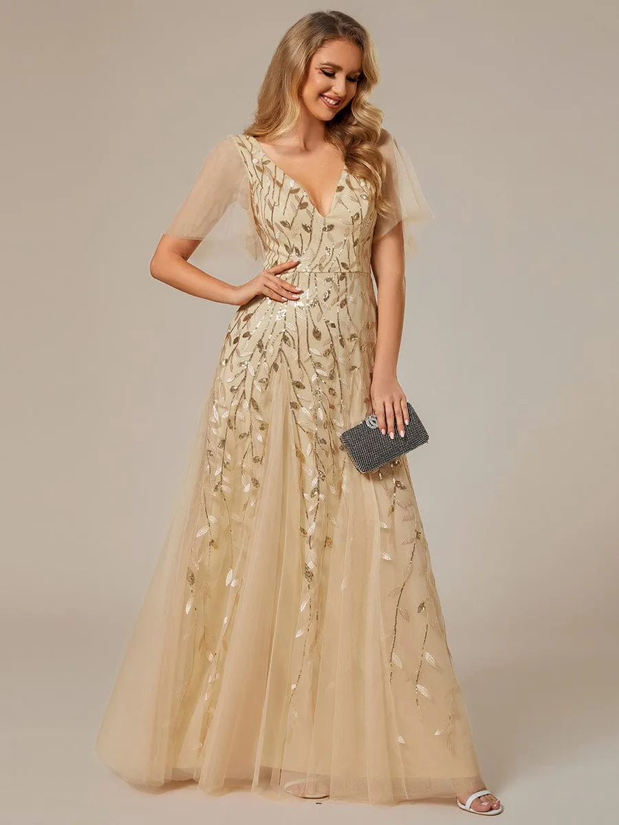 Romantic Shimmery V Neck Ruffle Sleeves Maxi Long Mother of the Bride Dress