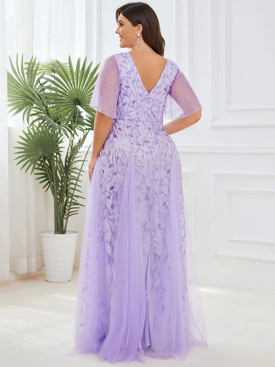 Romantic Shimmery V Neck Ruffle Sleeves Maxi Long Mother of the Bride Dress