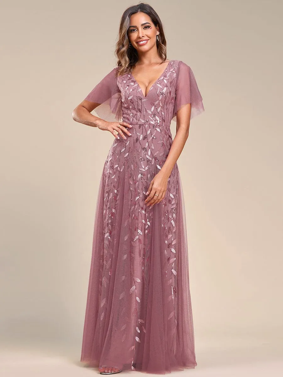 Romantic Shimmery V Neck Ruffle Sleeves Maxi Long Mother of the Bride Dress