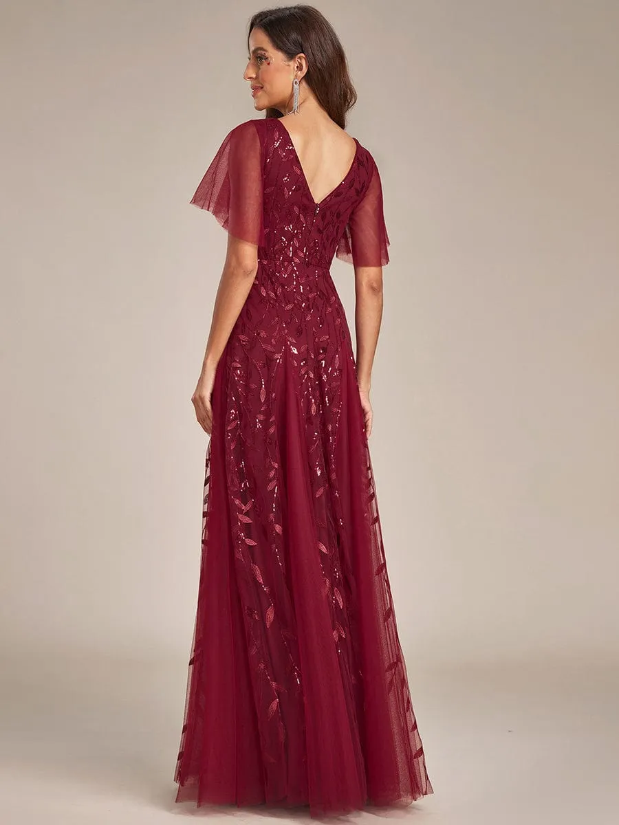 Romantic Shimmery V Neck Ruffle Sleeves Maxi Long Mother of the Bride Dress